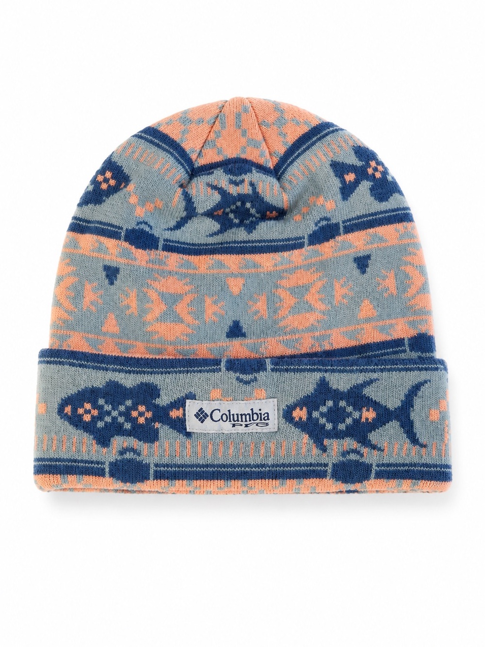 Columbia Fish Fair Isle Knit Beanie Hat Blue Orange One Size